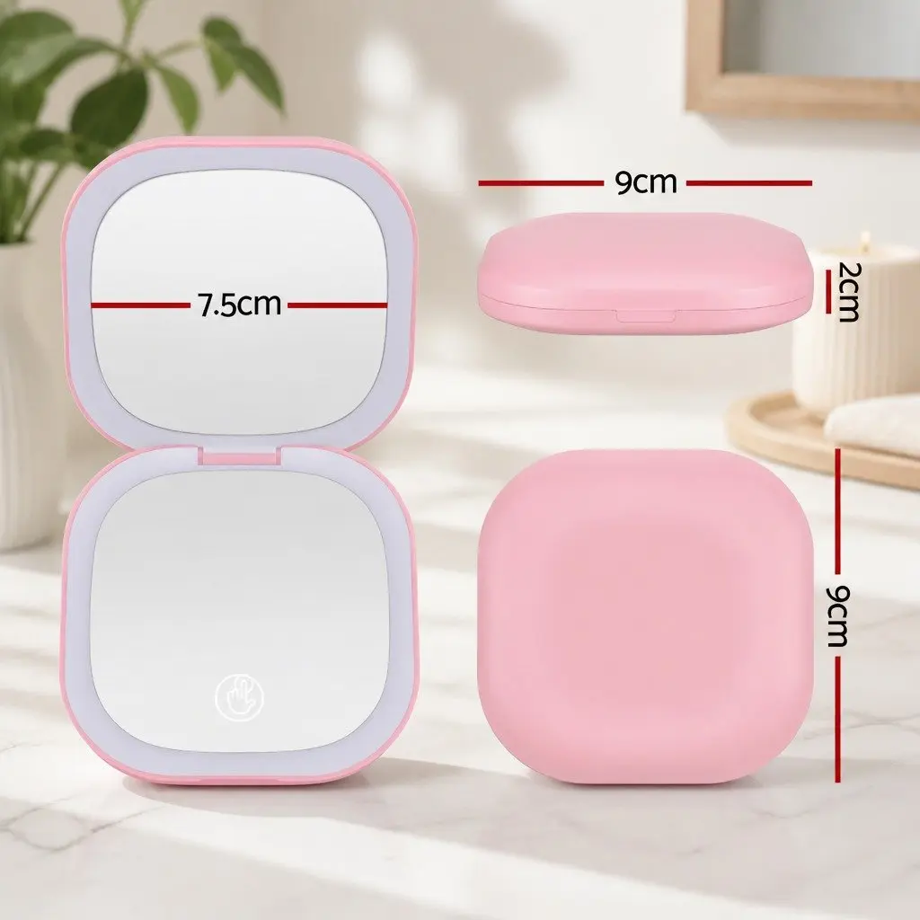 LED Makeup Mirror Pink 7.5cm 1x 10x Magnification Lighted Portable Foldable Travel