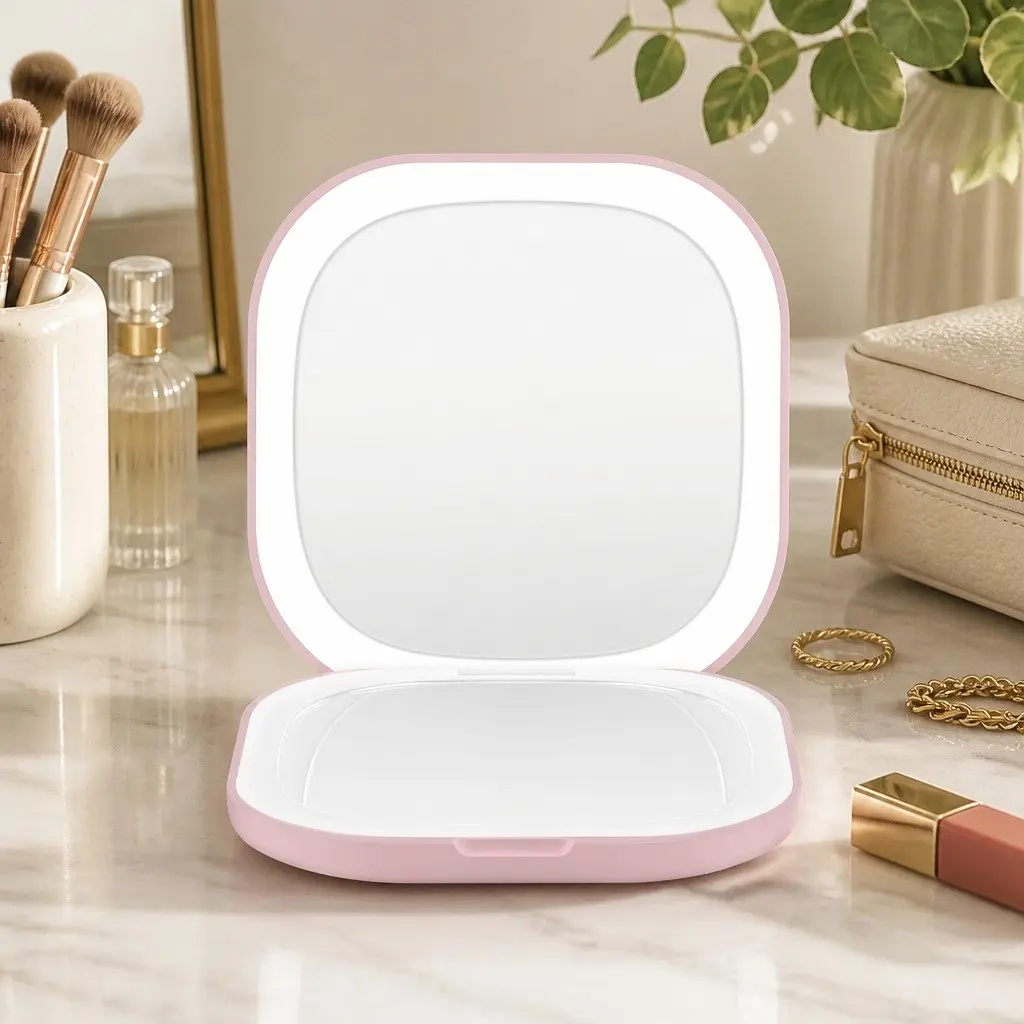LED Makeup Mirror Pink 7.5cm 1x 10x Magnification Lighted Portable Foldable Travel