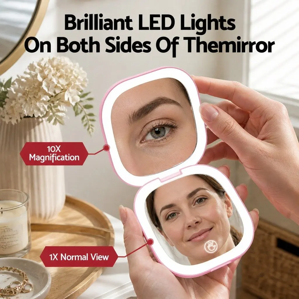 LED Makeup Mirror Pink 7.5cm 1x 10x Magnification Lighted Portable Foldable Travel