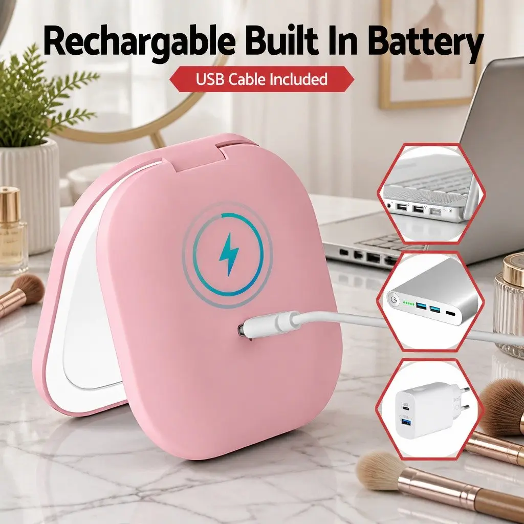LED Makeup Mirror Pink 7.5cm 1x 10x Magnification Lighted Portable Foldable Travel