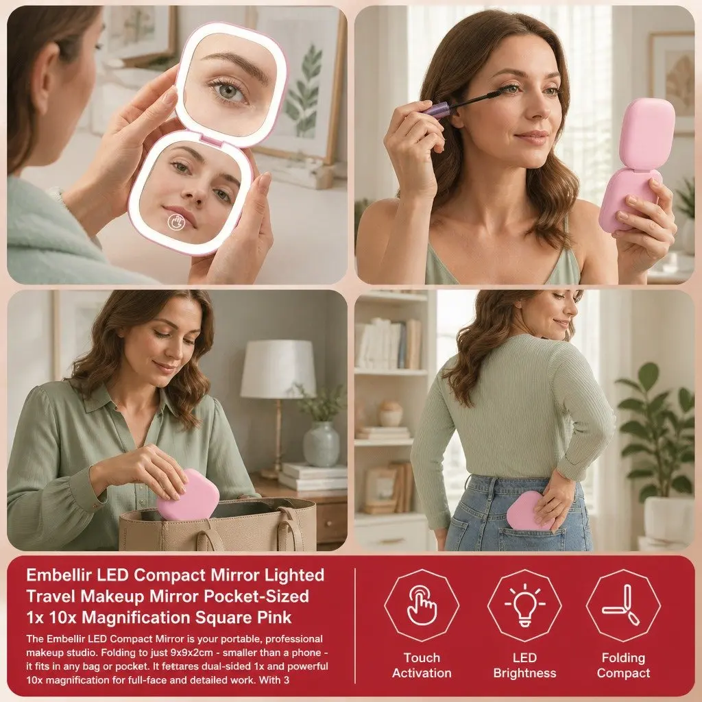 LED Makeup Mirror Pink 7.5cm 1x 10x Magnification Lighted Portable Foldable Travel
