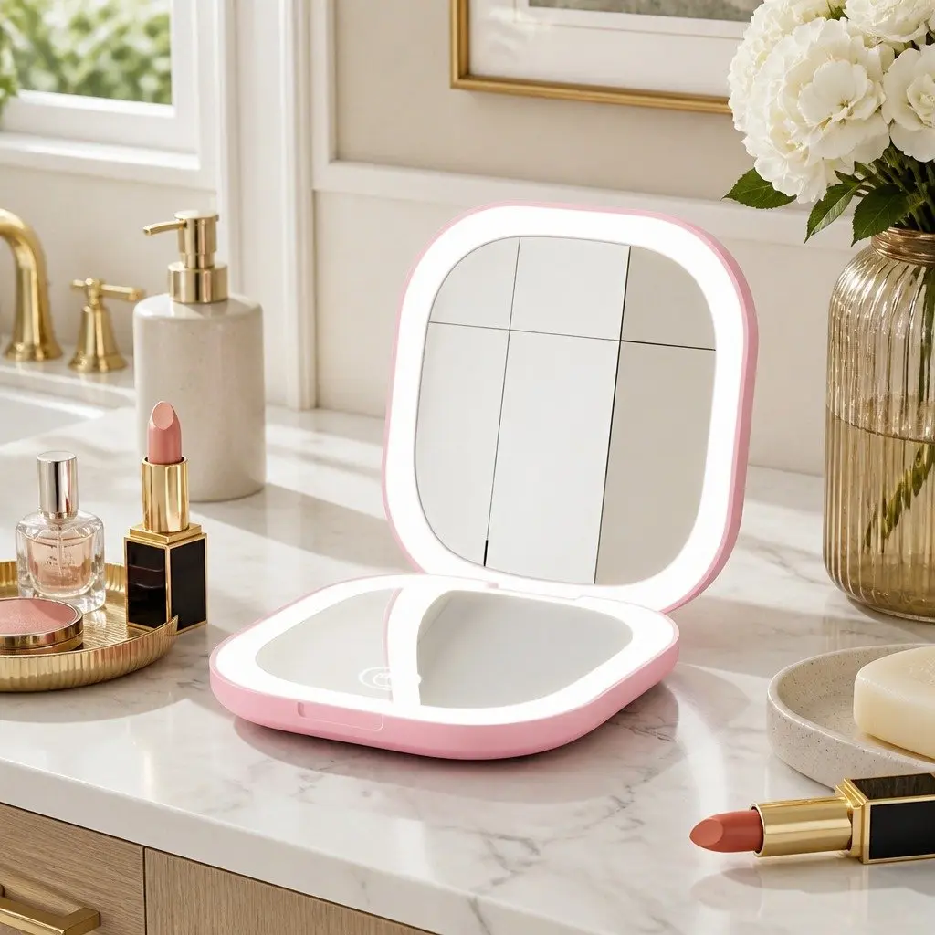 LED Makeup Mirror Pink 7.5cm 1x 10x Magnification Lighted Portable Foldable Travel