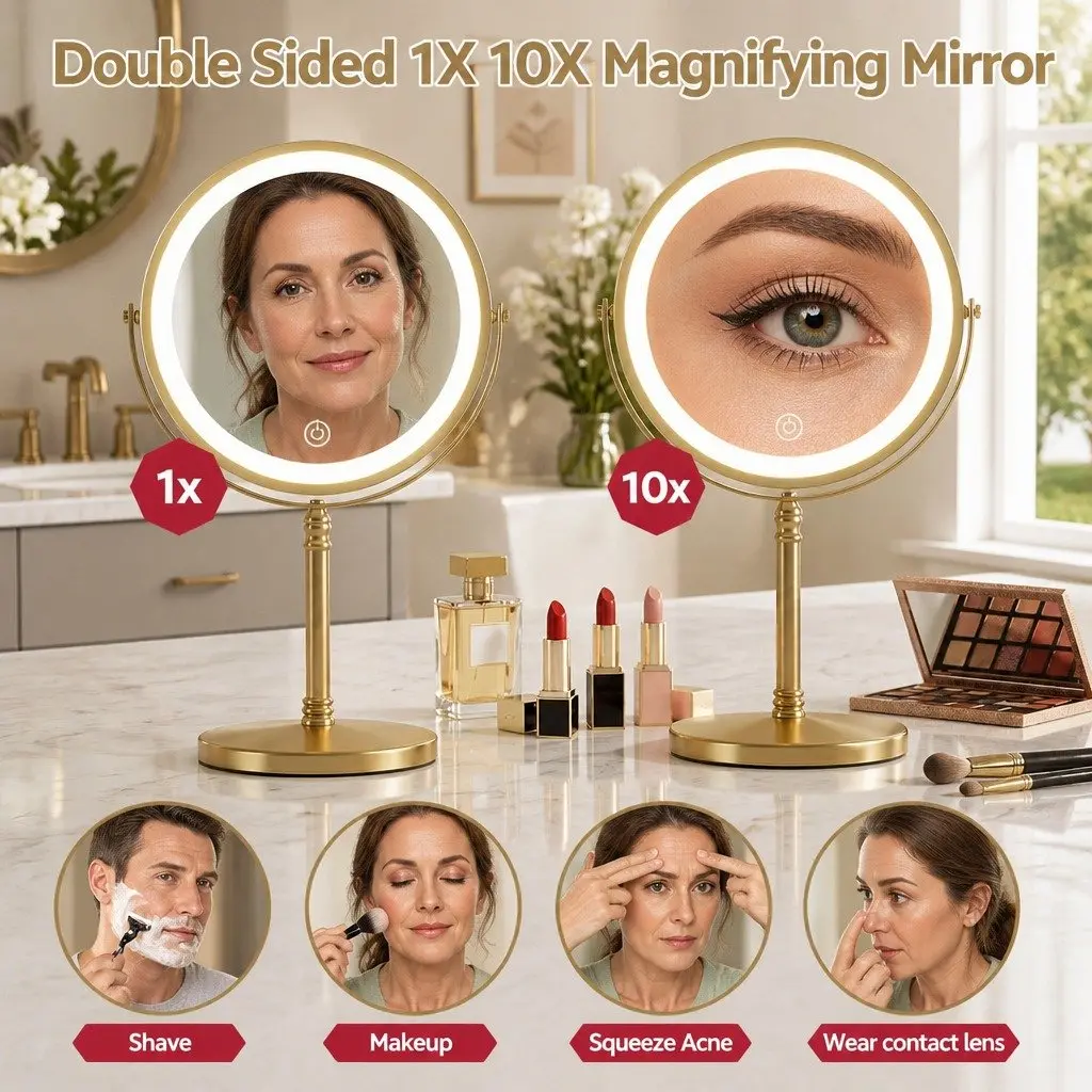 Double Sided Lighted Makeup Mirror 10X Magnification LED Tabletop Vanity Gold