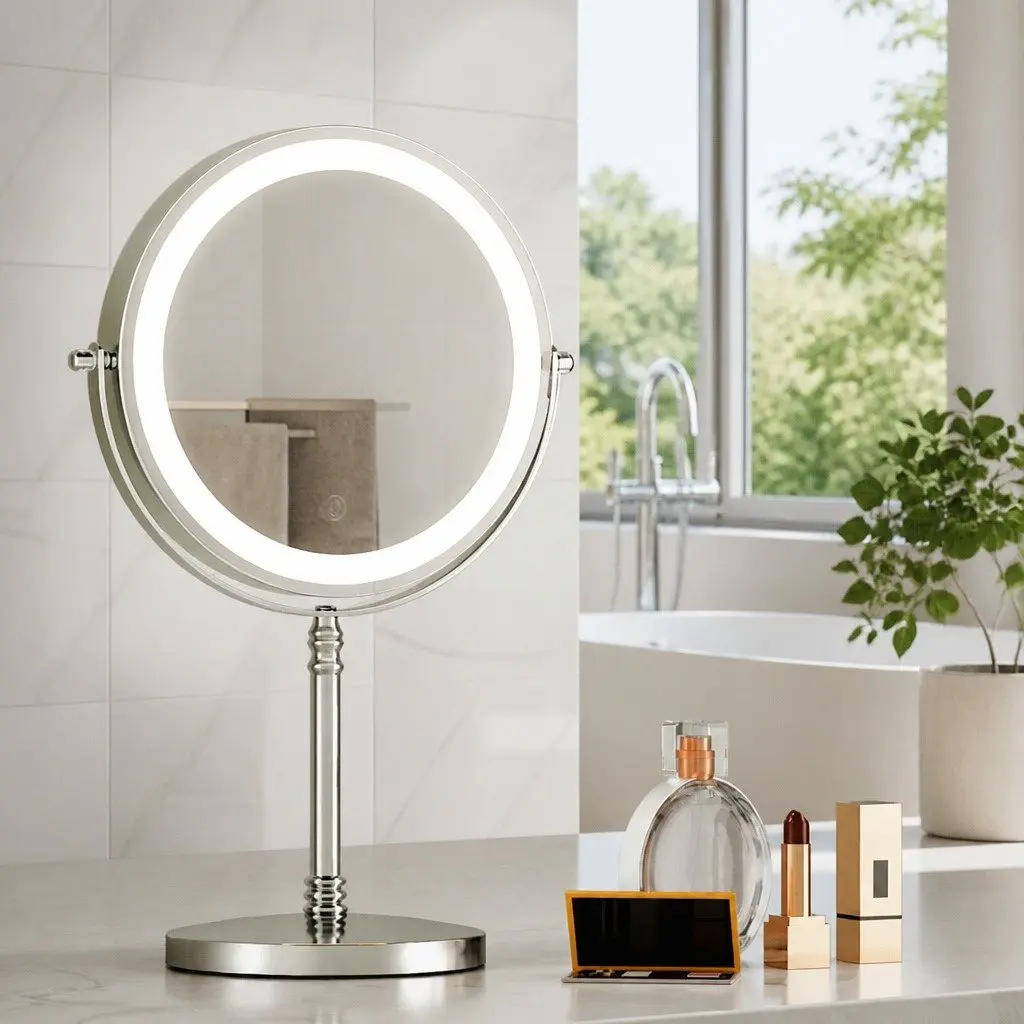 Makeup Mirror Silver 20x20cm 10X Magnification LED Light Touch Control Tabletop