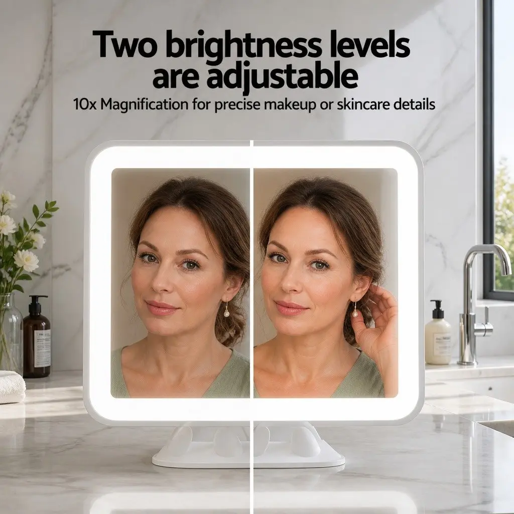 Makeup Mirror White 13cm 10X Magnification LED Light Touch Control 360 Rotation Suction Cup