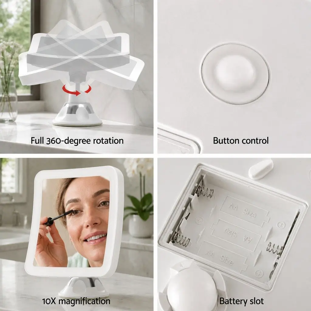 Makeup Mirror White 13cm 10X Magnification LED Light Touch Control 360 Rotation Suction Cup