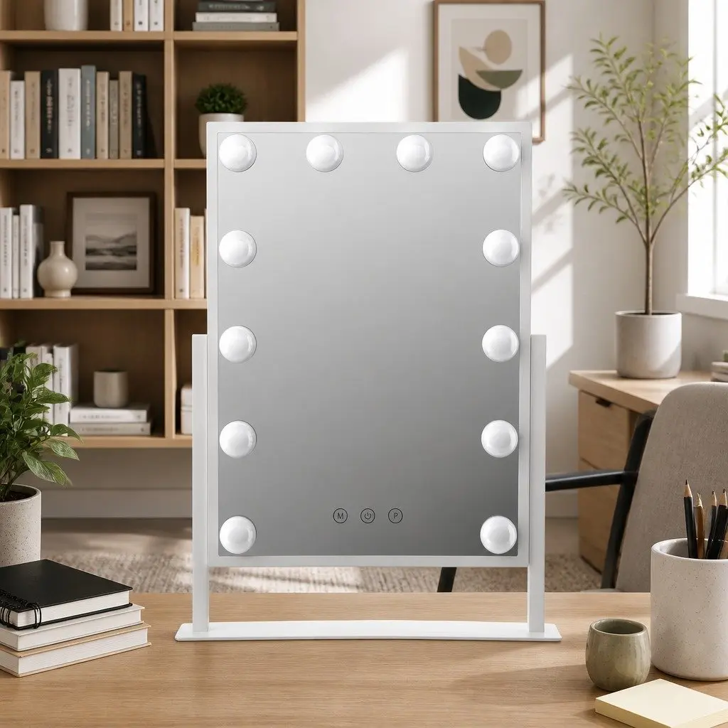 Makeup Mirror White 30x41cm Hollywood Vanity with LED Light Rotation Tabletop