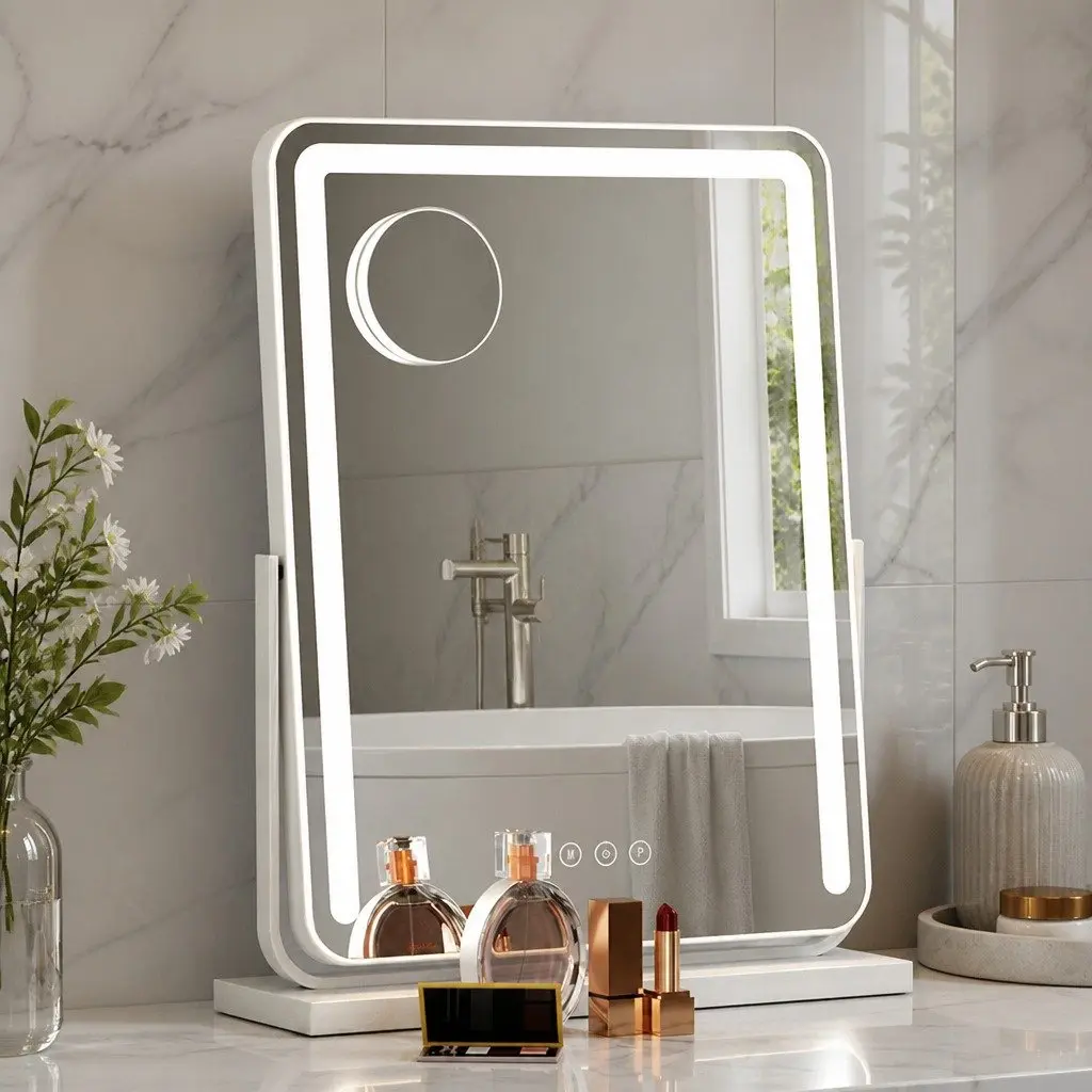 Makeup Mirror White 40x50cm LED Light Strip 180° Rotation Touch Controls