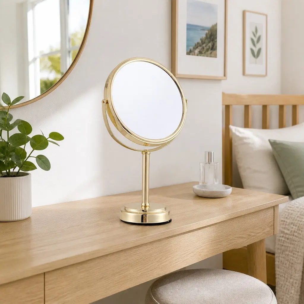Makeup Mirror Gold 20x20cm Dual-Sided 1X 5X Magnification 360 Rotation Tabletop