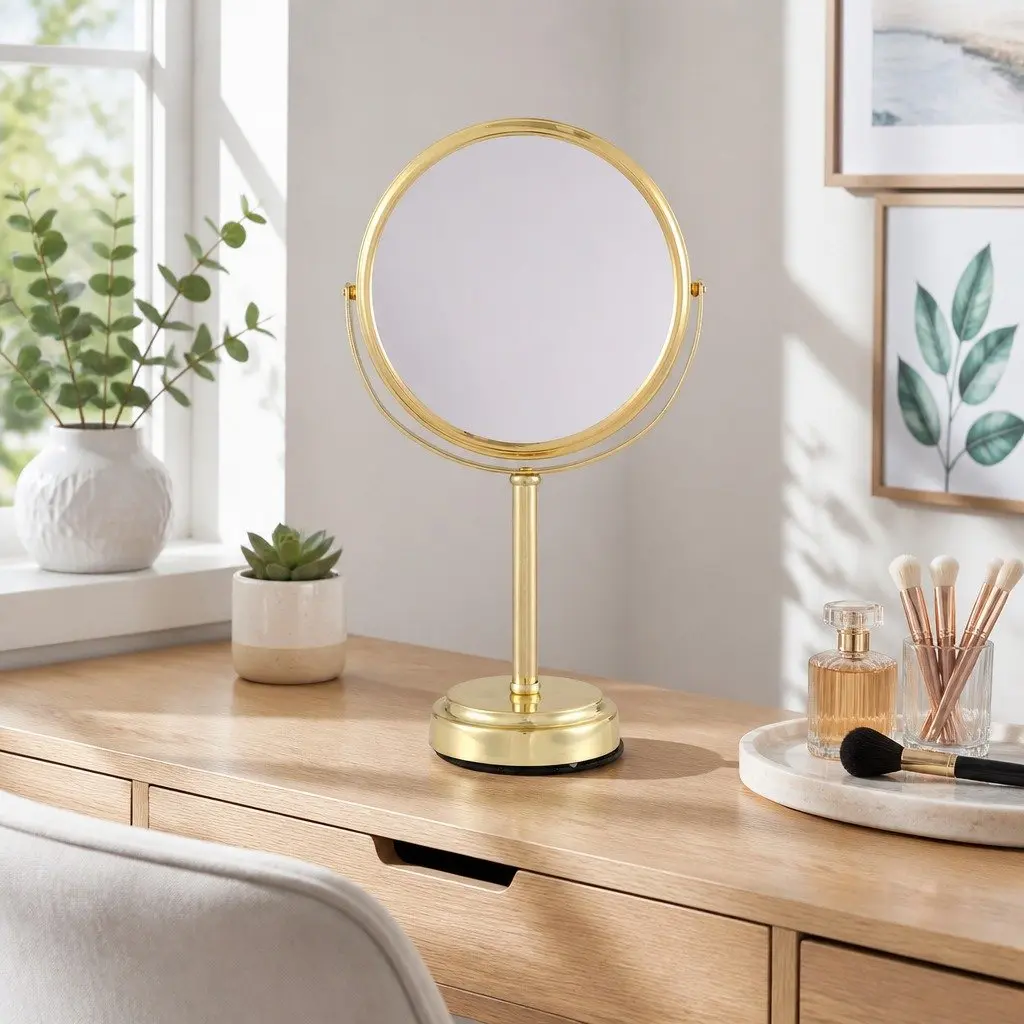Makeup Mirror Gold 20x20cm Dual-Sided 1X 5X Magnification 360 Rotation Tabletop