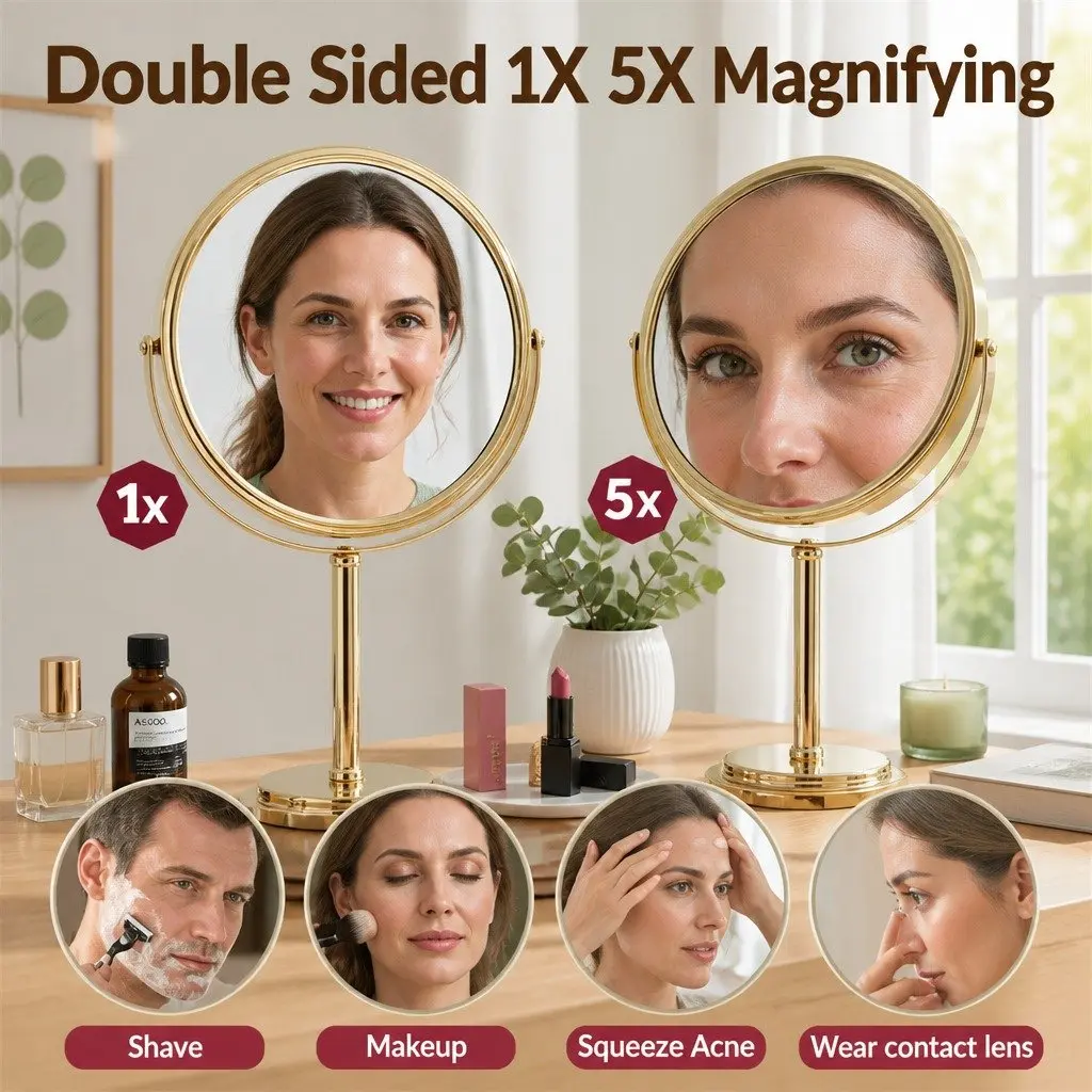 Makeup Mirror Gold 20x20cm Dual-Sided 1X 5X Magnification 360 Rotation Tabletop