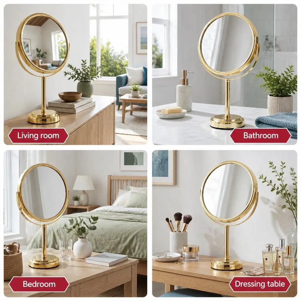 Makeup Mirror Gold 20x20cm Dual-Sided 1X 5X Magnification 360 Rotation Tabletop