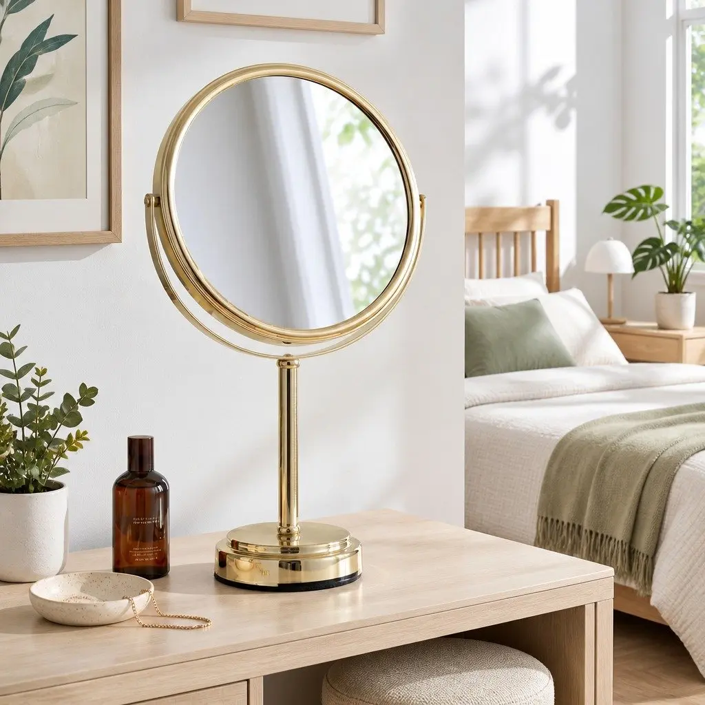 Makeup Mirror Gold 20x20cm Dual-Sided 1X 5X Magnification 360 Rotation Tabletop