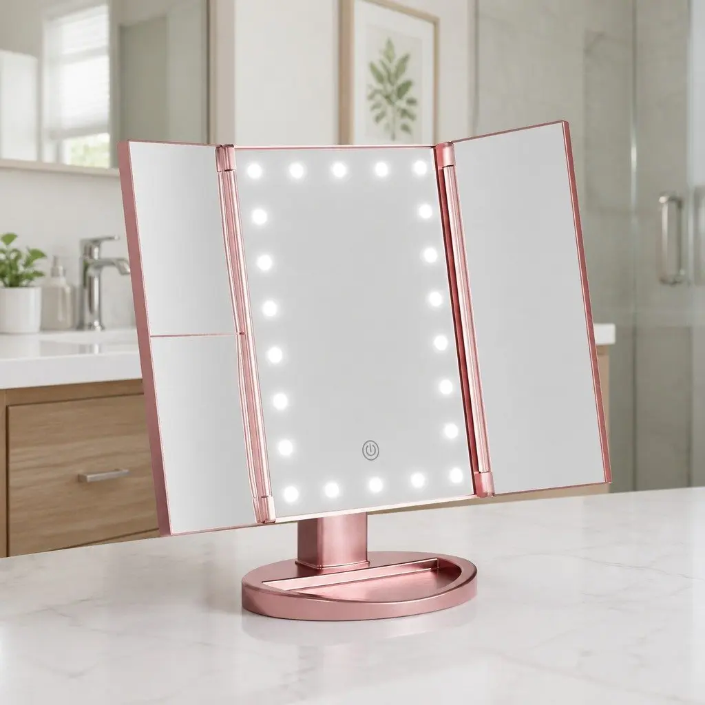 Tri-fold Makeup Mirror Rose Gold 34.5cm LED Light Touch Control 1X 2X 3X Magnification