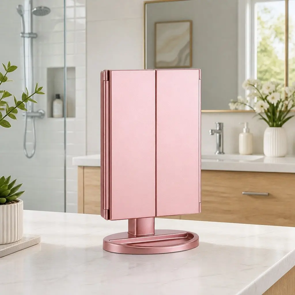 Tri-fold Makeup Mirror Rose Gold 34.5cm LED Light Touch Control 1X 2X 3X Magnification
