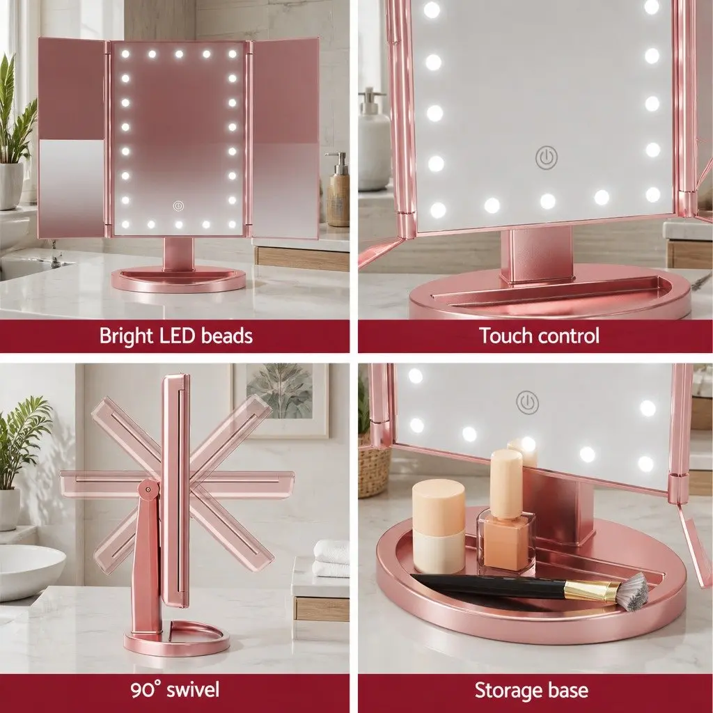 Tri-fold Makeup Mirror Rose Gold 34.5cm LED Light Touch Control 1X 2X 3X Magnification
