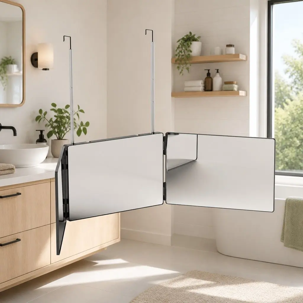 Three Way Makeup Mirror Black Portable Foldable 360-Degree View with Retractable Hooks