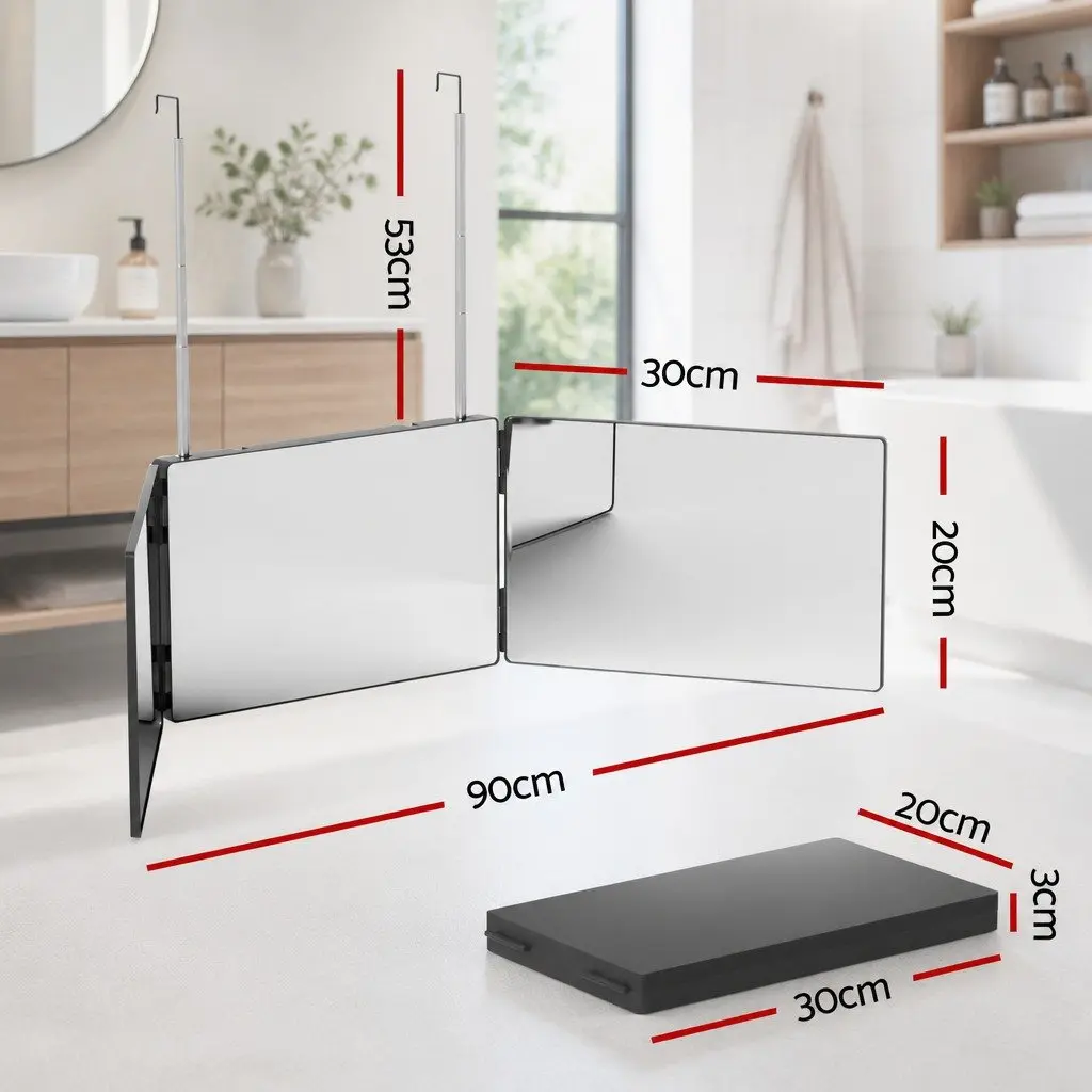 Three Way Makeup Mirror Black Portable Foldable 360-Degree View with Retractable Hooks