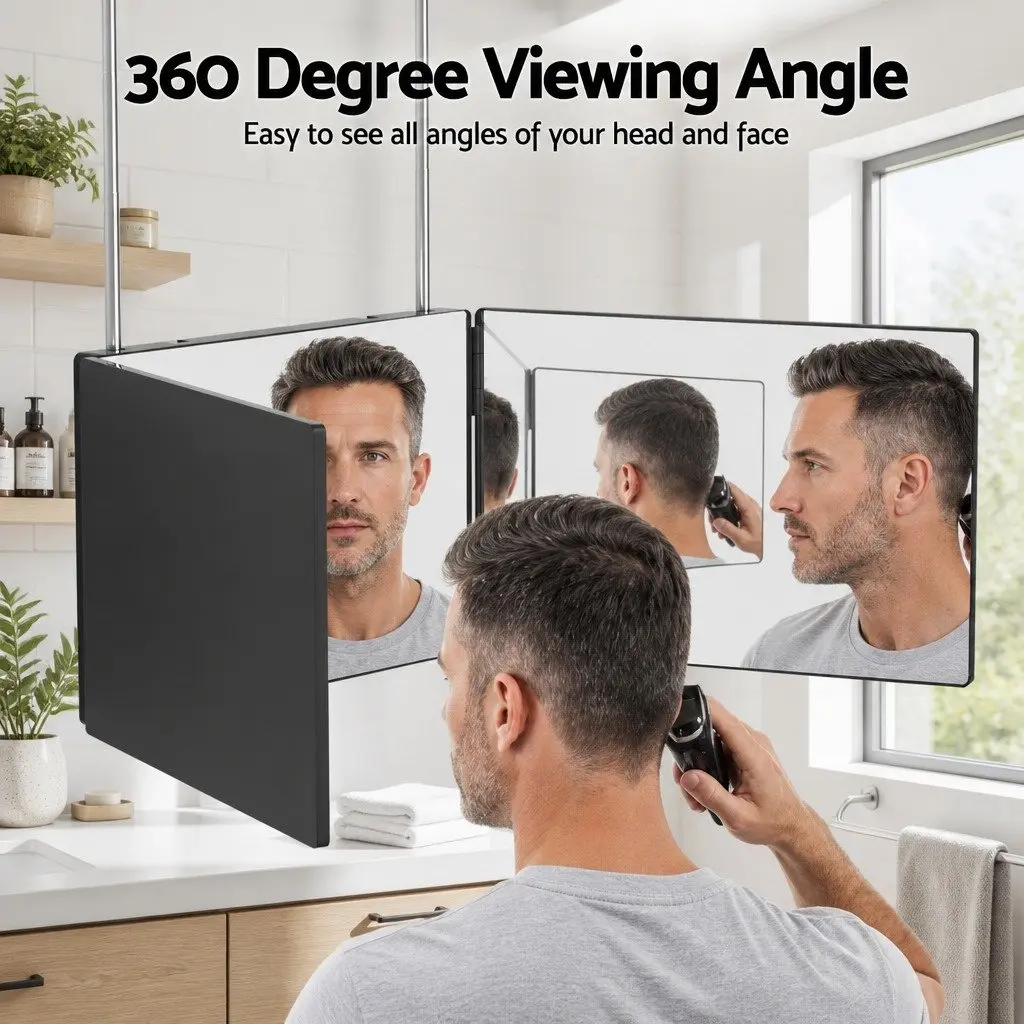 Three Way Makeup Mirror Black Portable Foldable 360-Degree View with Retractable Hooks