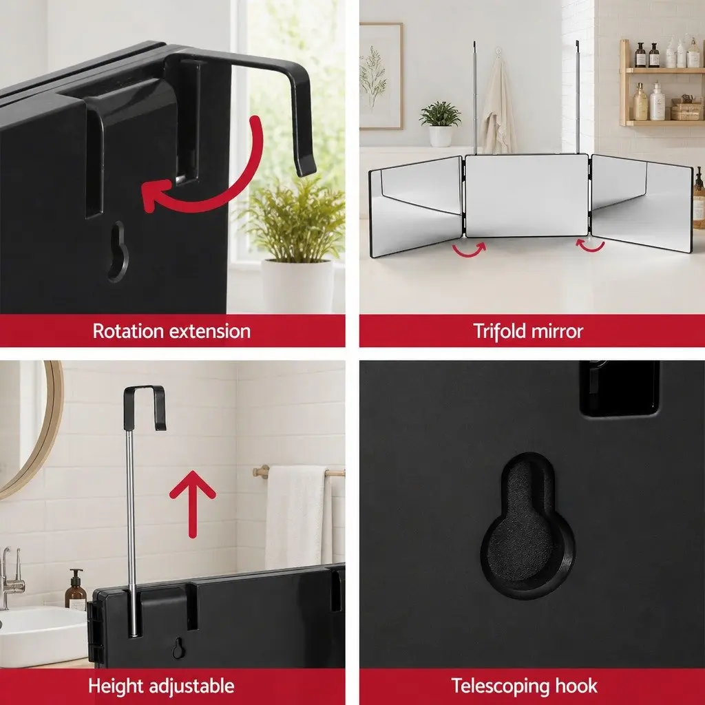 Three Way Makeup Mirror Black Portable Foldable 360-Degree View with Retractable Hooks