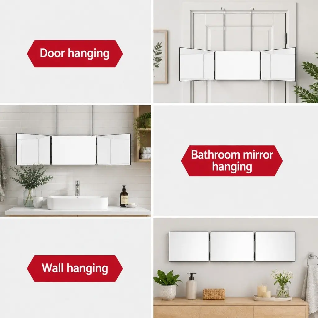 Three Way Makeup Mirror Black Portable Foldable 360-Degree View with Retractable Hooks