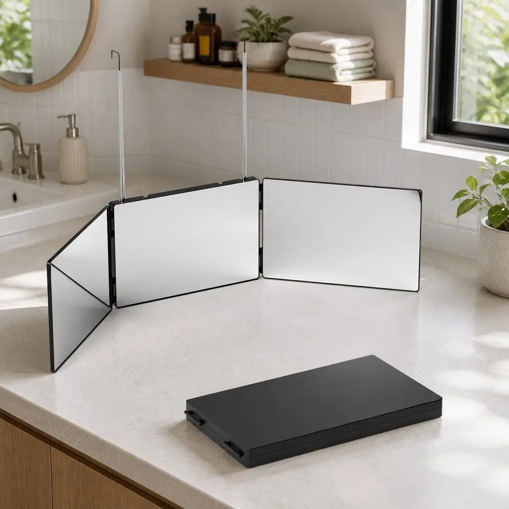 Three Way Makeup Mirror Black Portable Foldable 360-Degree View with Retractable Hooks