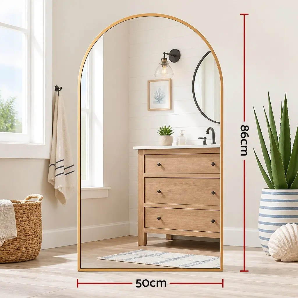 Arched Wall Mirror Gold 86x50cm Slim Frame High Definition Glass