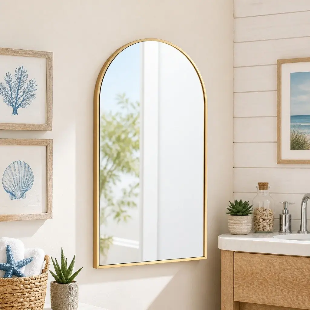 Arched Wall Mirror Gold 86x50cm Slim Frame High Definition Glass