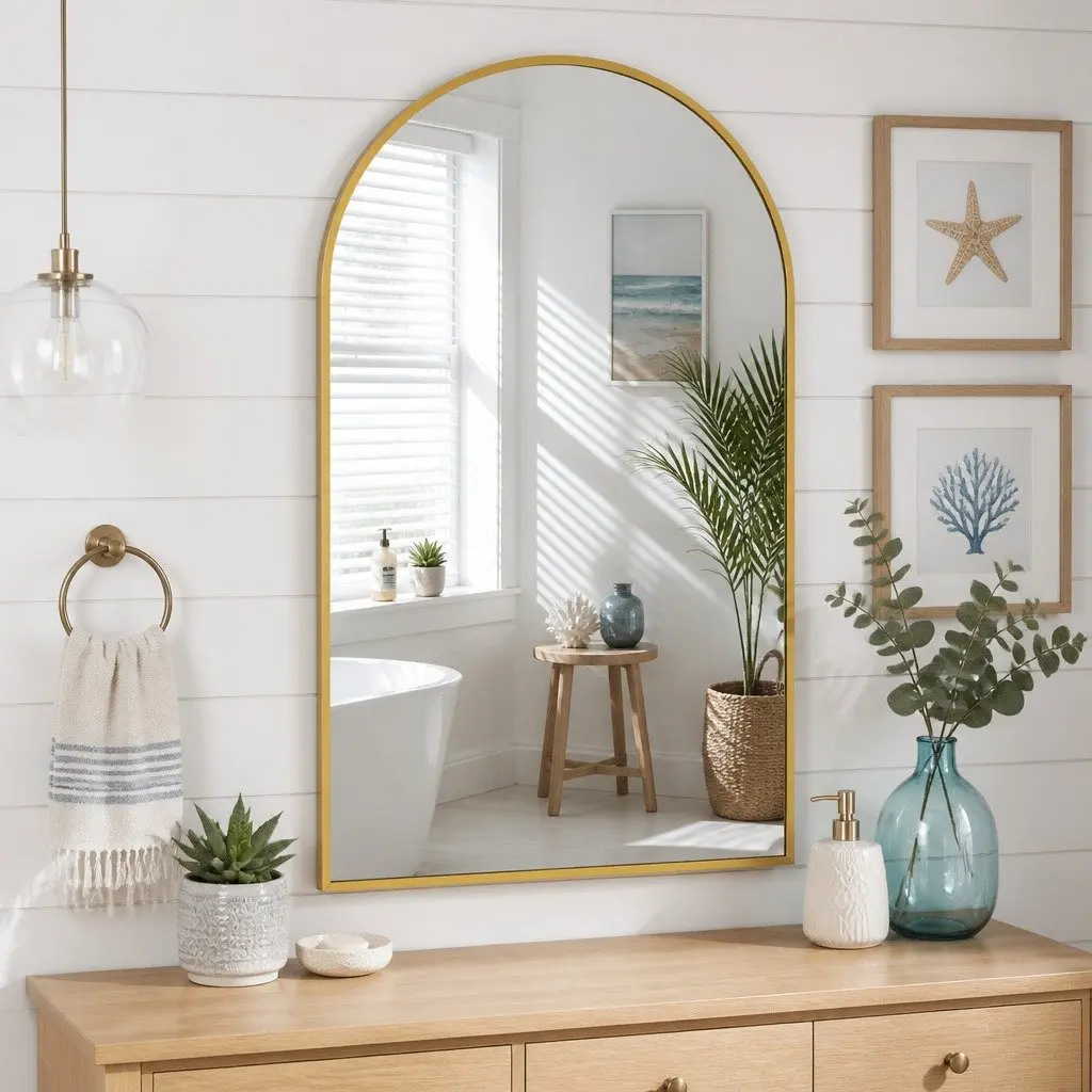 Arched Wall Mirror Gold 86x50cm Slim Frame High Definition Glass
