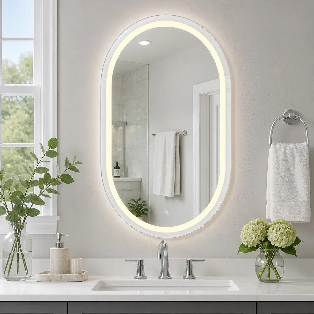 Oval LED Wall Mirror White 50X75CM Touch Control Anti-Fog