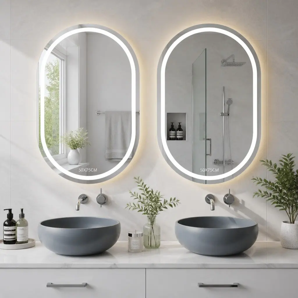 Oval LED Wall Mirror White 50X75CM Touch Control Anti-Fog
