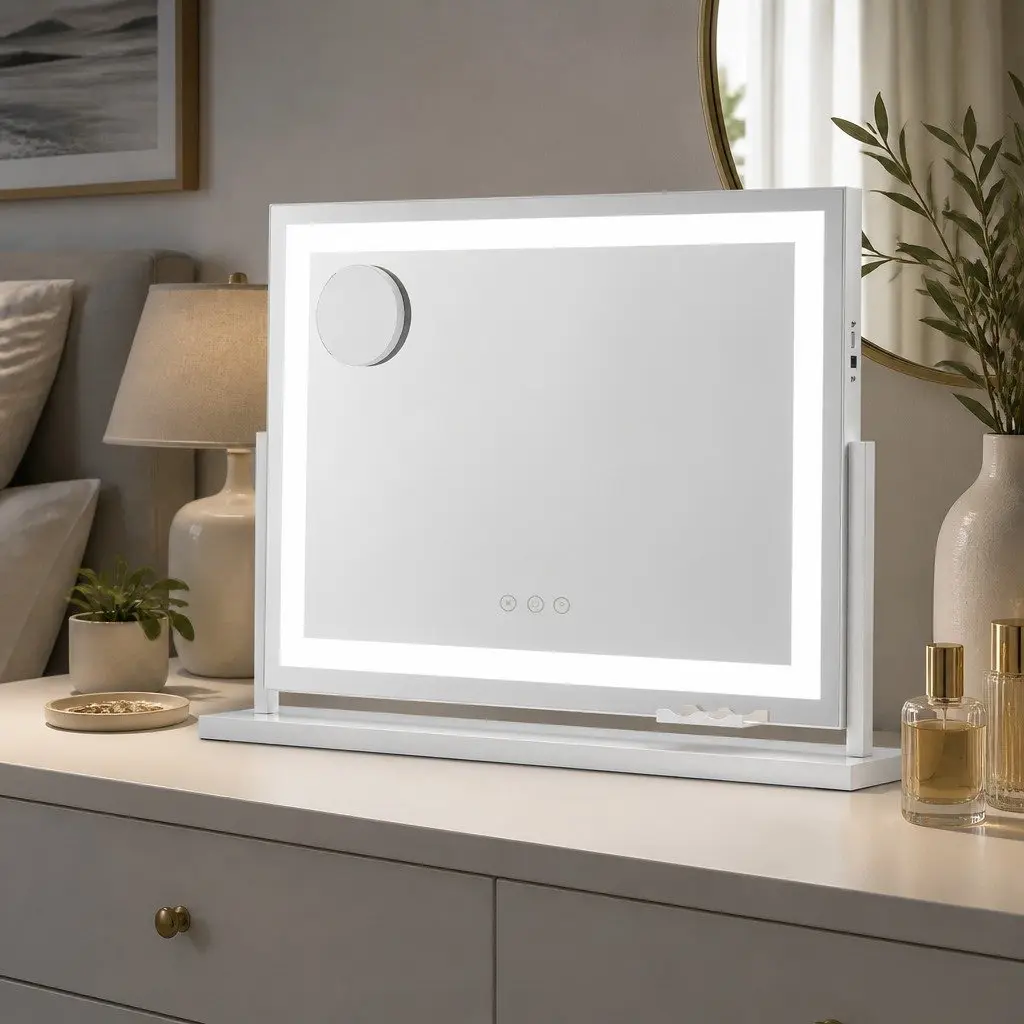 Makeup Mirror White 58x46cm 360 Rotatable with LED Light Strip Adjustable Brightness