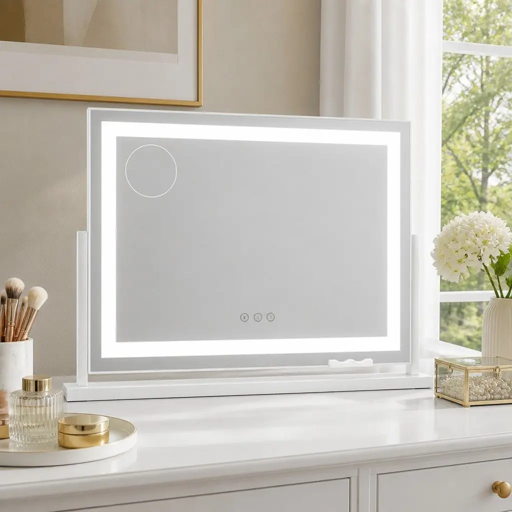 Makeup Mirror White 58x46cm 360 Rotatable with LED Light Strip Adjustable Brightness