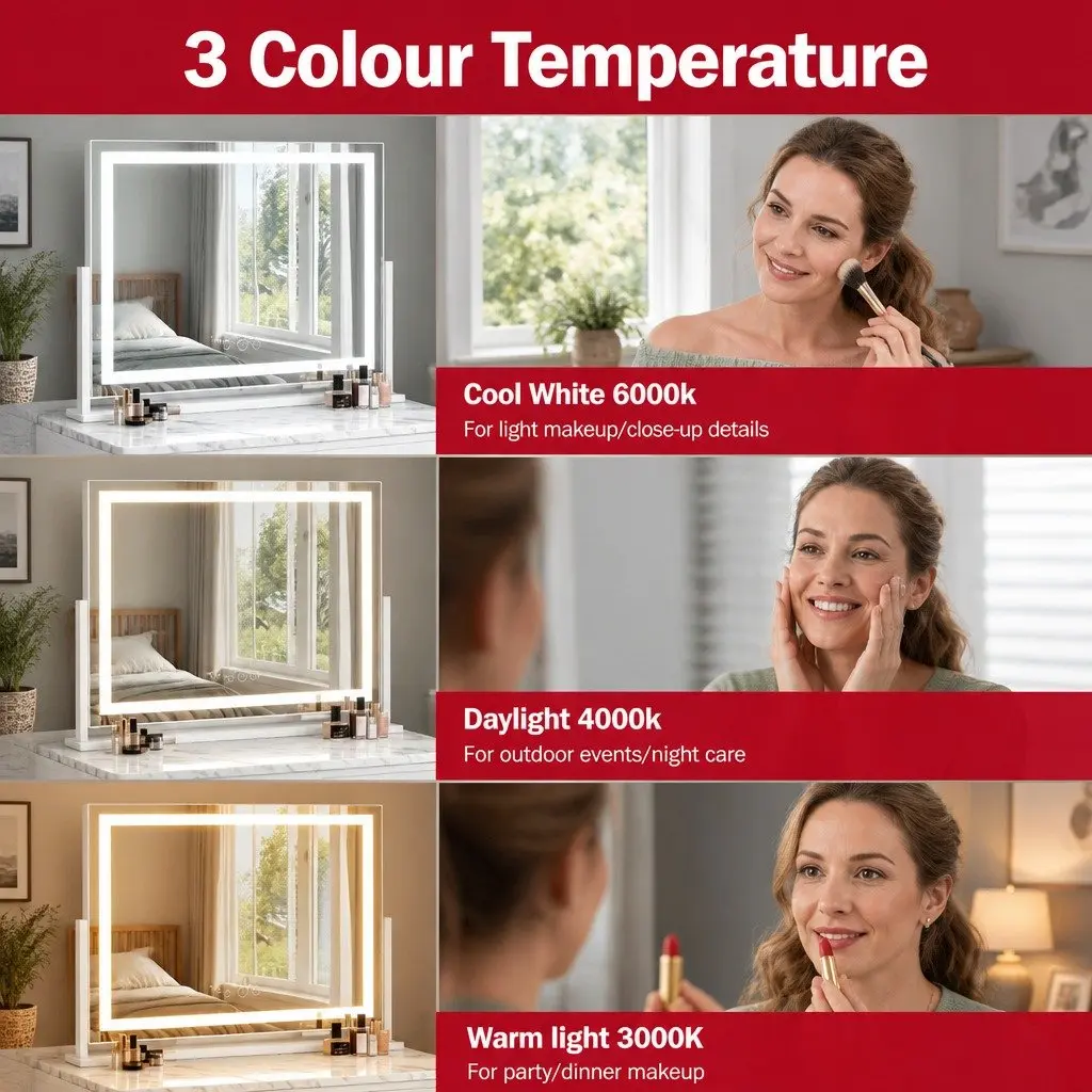 Makeup Mirror White 58x46cm 360 Rotatable with LED Light Strip Adjustable Brightness