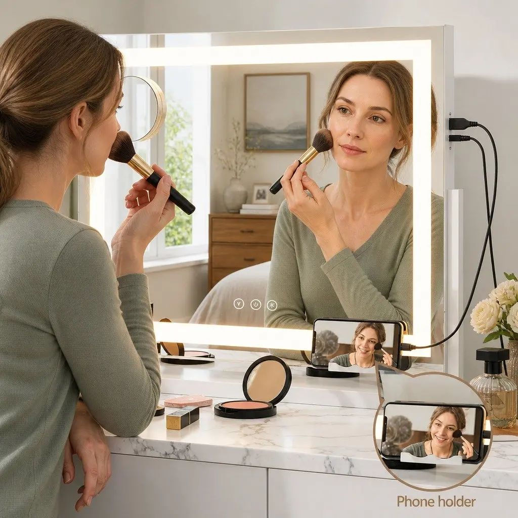 Makeup Mirror White 58x46cm 360 Rotatable with LED Light Strip Adjustable Brightness