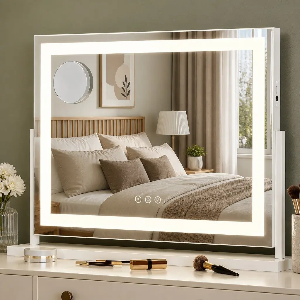 Makeup Mirror White 58x46cm 360 Rotatable with LED Light Strip Adjustable Brightness
