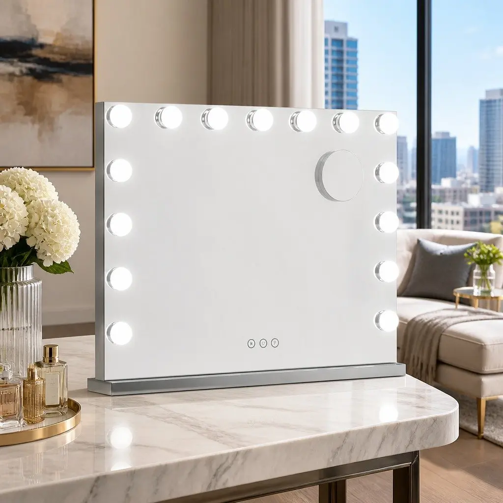 Makeup Mirror White 58x46cm Hollywood Vanity with 15 LED Lights Touch Control
