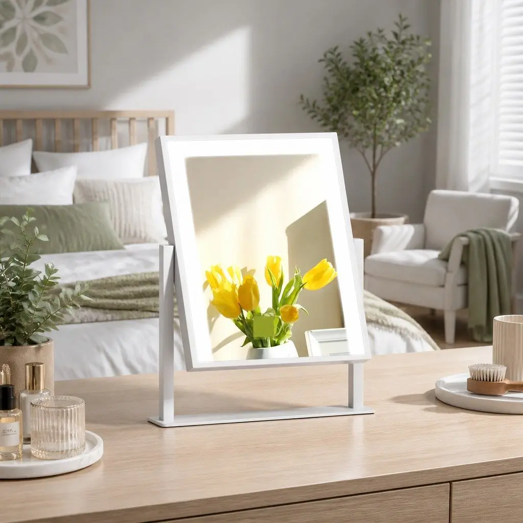 Standing Makeup Mirror White 25x30cm LED Light Touch Control 360 Degree Rotation