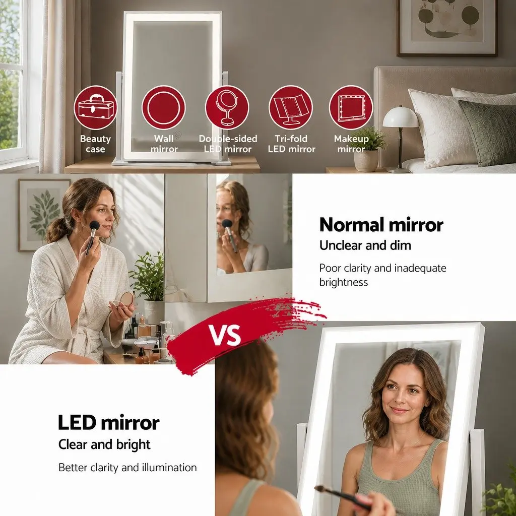Standing Makeup Mirror White 25x30cm LED Light Touch Control 360 Degree Rotation