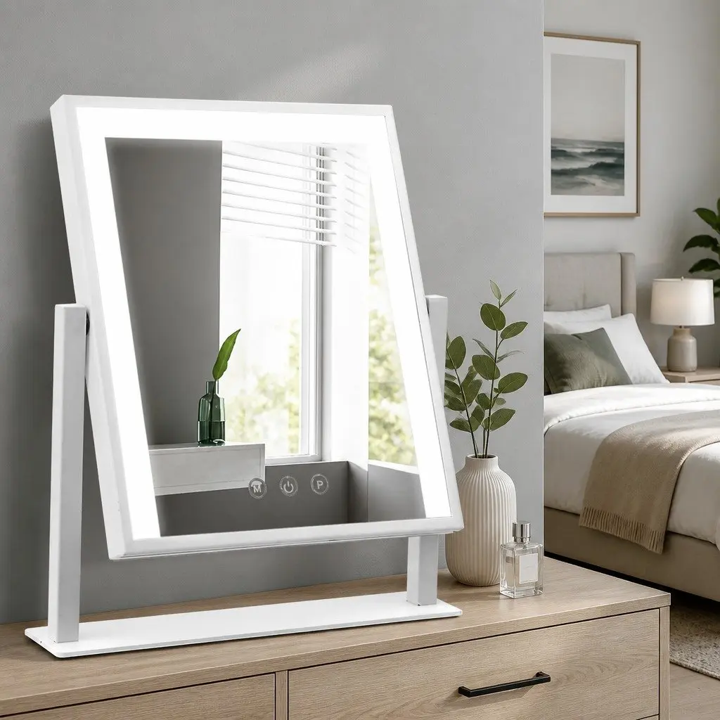 Standing Makeup Mirror White 25x30cm LED Light Touch Control 360 Degree Rotation