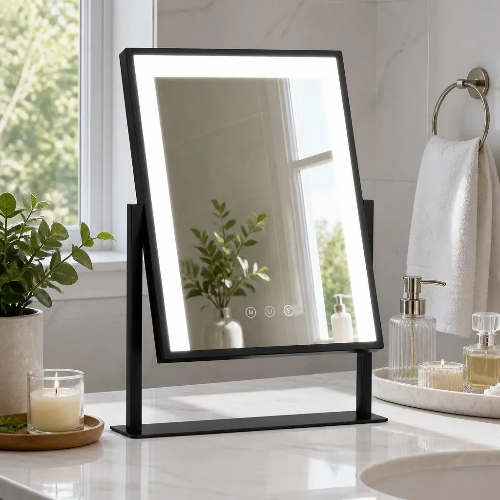 Makeup Mirror Black 30x40cm LED Light Touch Control 360 Degree Rotation