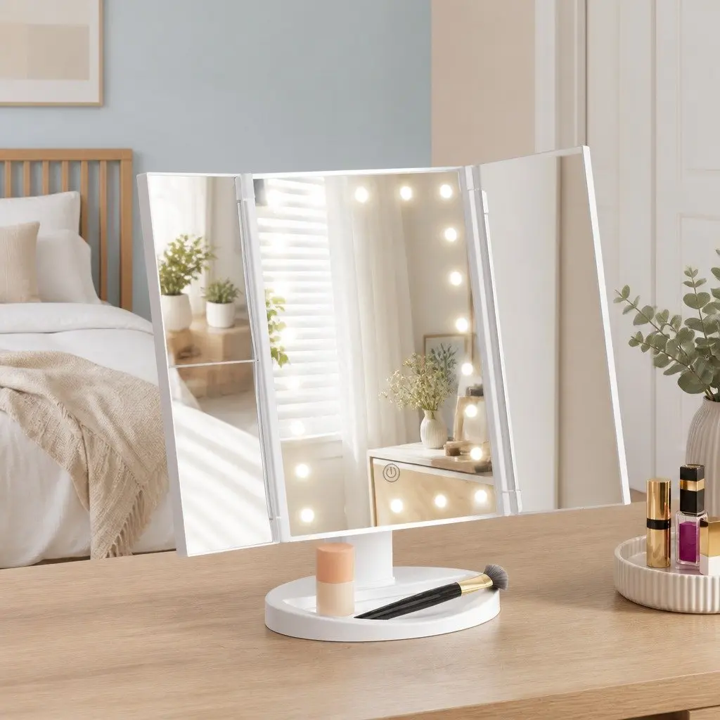 LED Makeup Mirror White Tri-fold 22 LED Lights 1X 2X 3X Magnification Touch Control