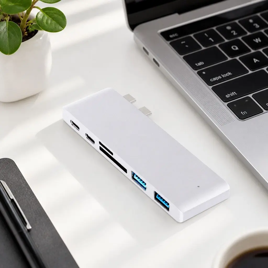 USB Type-C 6 Port Hub Adapter SD Card Reader Fast Data Transfer Silver