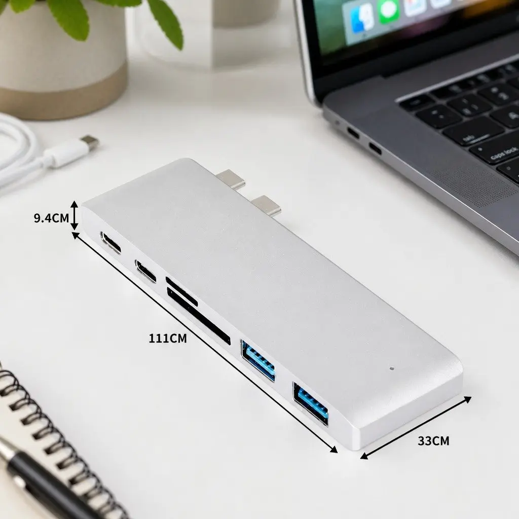 USB Type-C 6 Port Hub Adapter SD Card Reader Fast Data Transfer Silver