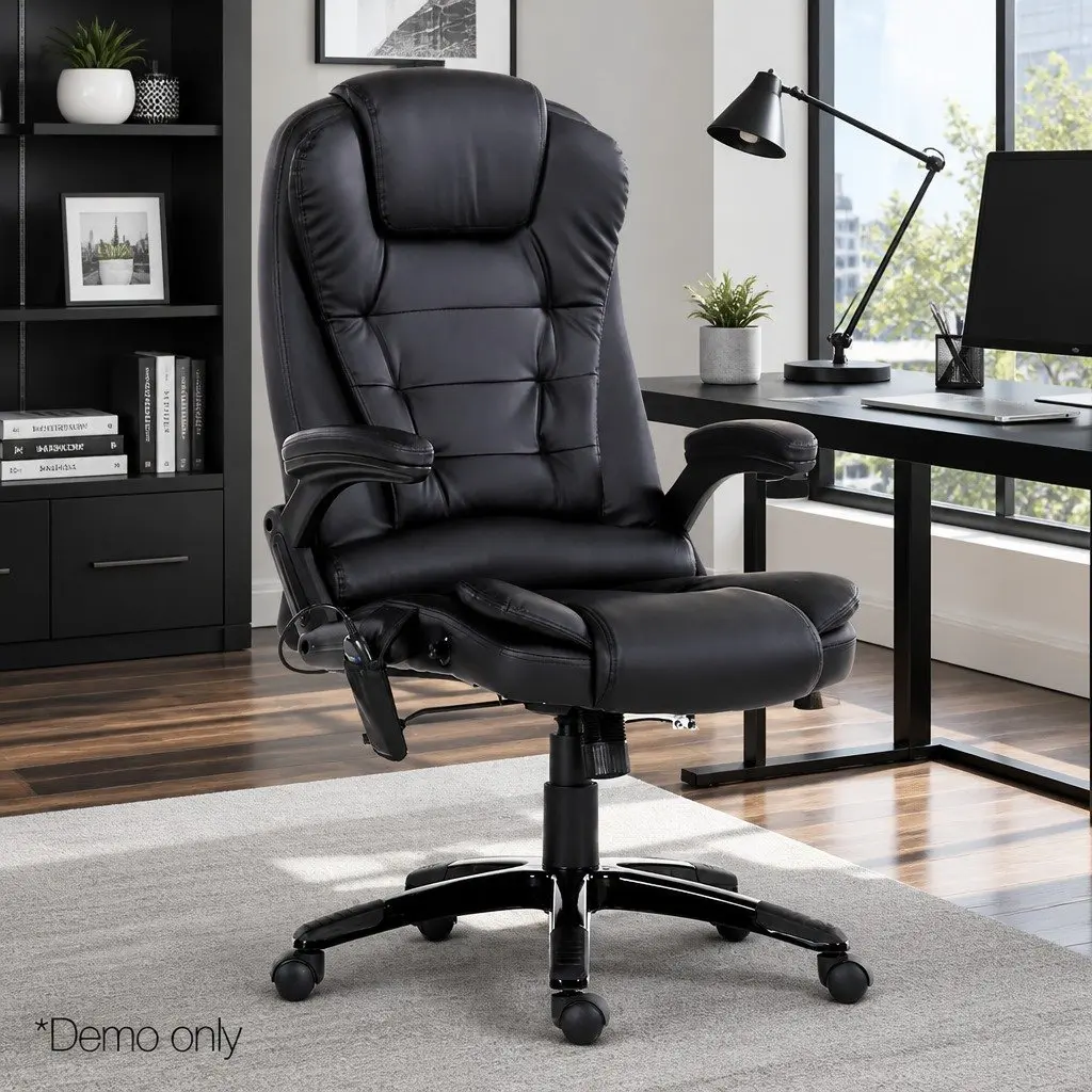 8 Point Massage Office Chair Heated Seat Recliner High Back PU Black