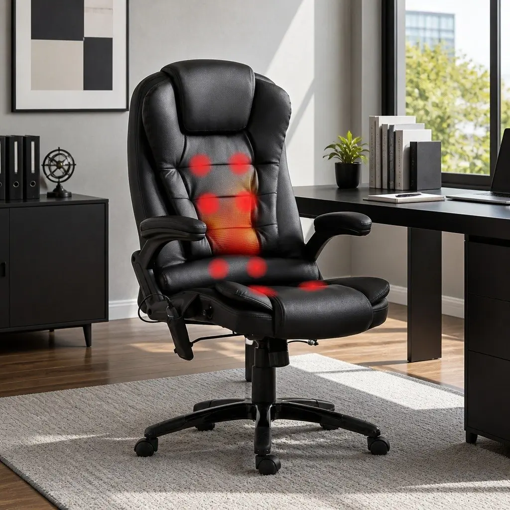 8 Point Massage Office Chair Heated Seat Recliner High Back PU Black