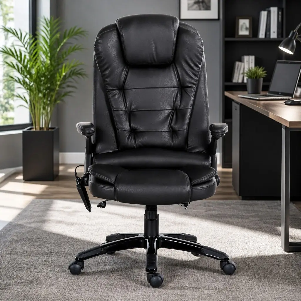 8 Point Massage Office Chair Heated Seat Recliner High Back PU Black