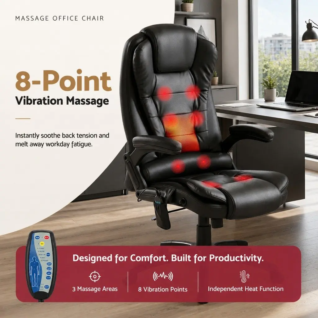 8 Point Massage Office Chair Heated Seat Recliner High Back PU Black