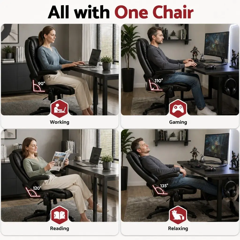 8 Point Massage Office Chair Heated Seat Recliner High Back PU Black
