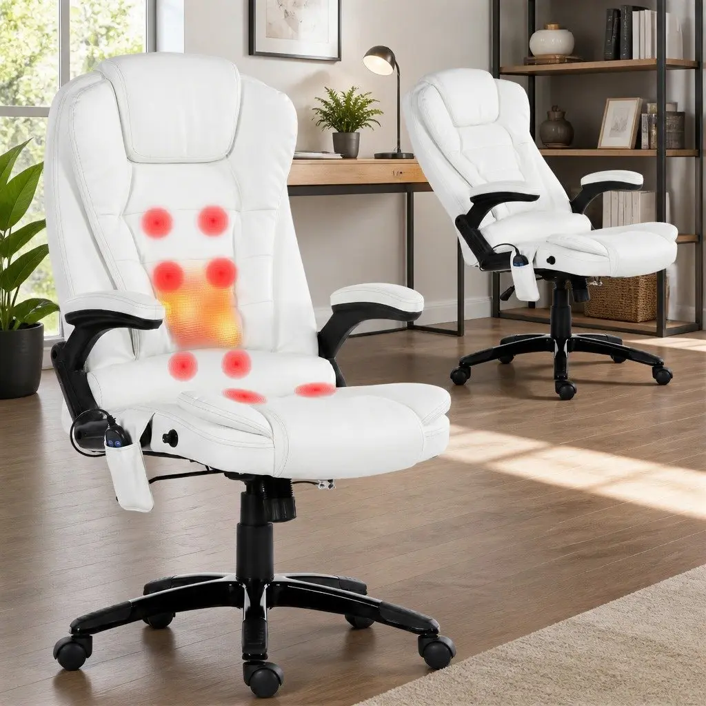 Massage Chair White High Back PU Leather 8 Point Vibration Massage Heated Seat Recliner